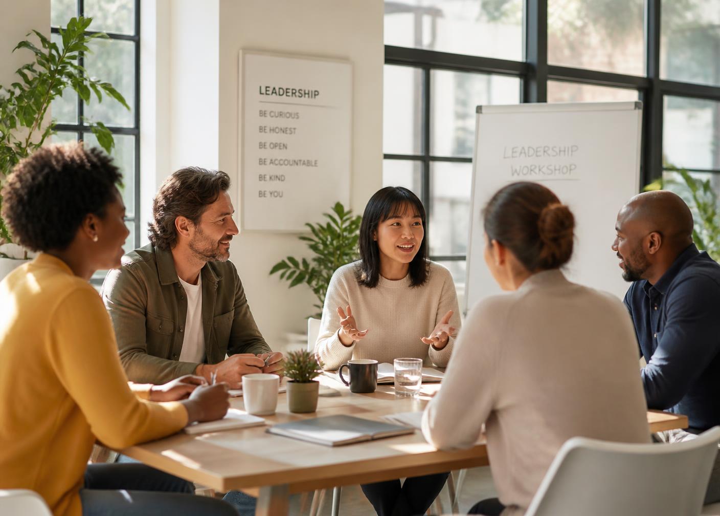 A small group leadership workshop in a bright modern space